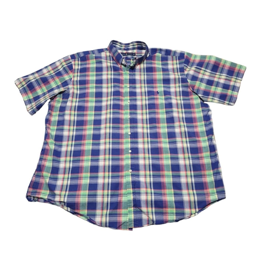 POLO RALPH LAUREN Men Shirt 3XLT Tall Plaid Blue Green Short Sleeve Colored Pony